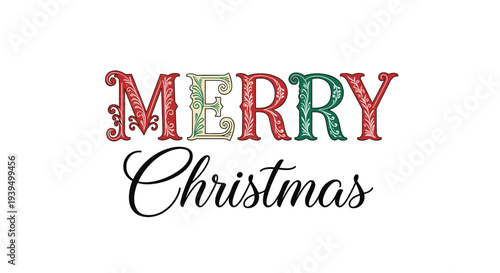 Festive Merry Christmas typography featuring colorful ornamental capital letters and an elegant black script font on white background.