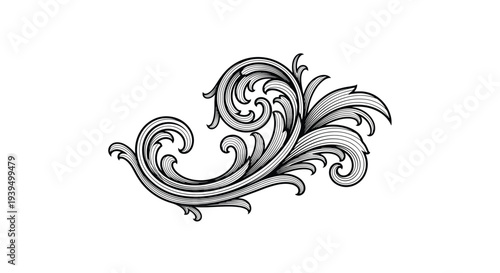 Sophisticated black and white acanthus scroll ornament with intricate curls and leaf details for luxury branding and invitation designs.