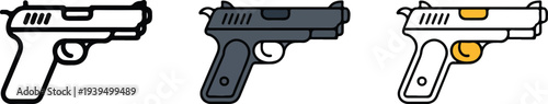 Minimal handgun pistol icon set with outline gray and white variations arranged horizontally clean weapon symbol vector illustration