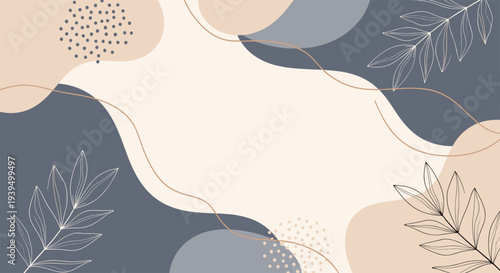 Aesthetic abstract background featuring large organic shapes in muted blue and tan tones with white leaf line art patterns.