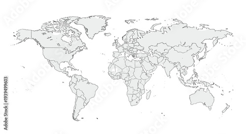 Simple gray world map showing all continents and country borders is isolated on a white background for educational geography and travel designs.