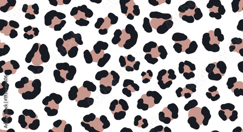 Seamless leopard print pattern with pink and black spots on a white background provides a trendy animal texture for fashion and interior design.