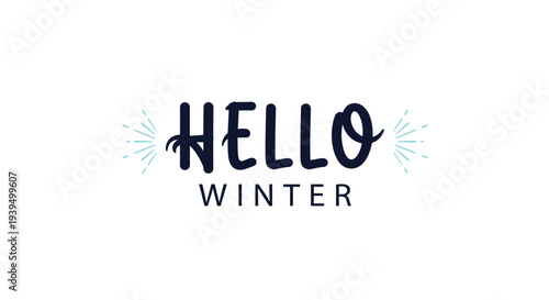 Hello winter greeting in a dark blue brush font with light blue starburst accents provides a cozy and festive message for the cold winter season.