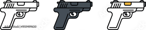 Minimal handgun pistol icon set with outline gray and white variations arranged horizontally clean weapon symbol vector illustration