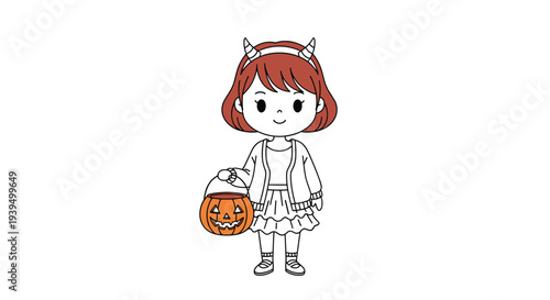 Cartoon girl in a halloween costume with devil horns holding a pumpkin bucket is isolated on a white background for festive holiday materials.