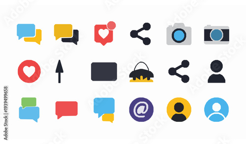 Colorful social media communication icons vector collection with chat notification and share symbols