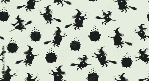Seamless pattern of black witch silhouettes flying on brooms and stirring cauldrons on a light green background for halloween textiles and wrap.