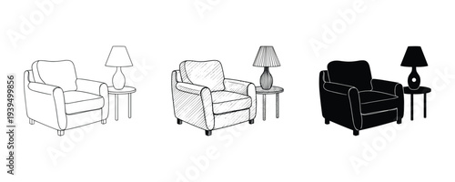 Cozy armchair with lamp and side table three drawing styles vector illustration