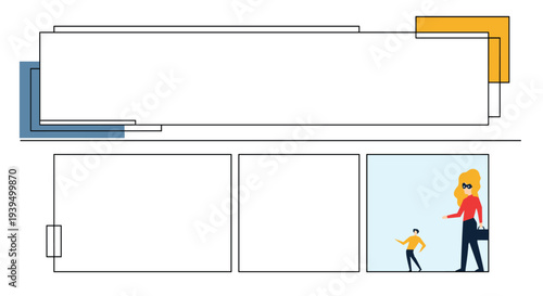 Geometric banner template with blue and orange accent shapes and a small illustration of a woman in business attire.