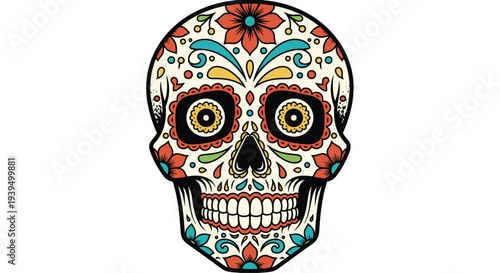 Detailed sugar skull illustration with vibrant flowers and decorative patterns for the traditional day of the dead festival.