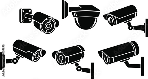 Surveillance cameras vector illustration with bullet, dome, wall‑mounted security designs, monitoring technology, safety system elements, black and white stock content