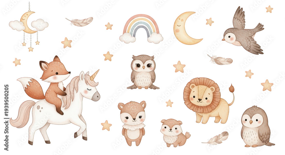 Fototapeta premium Whimsical Woodland Creatures and Celestial Elements Illustration