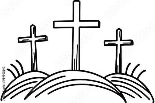 Three Christian Crosses on Hills Hand Drawn Outline Illustration Faith Symbolism