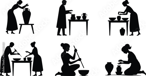 Silhouettes of women making pottery and handling vases in various stages of the process