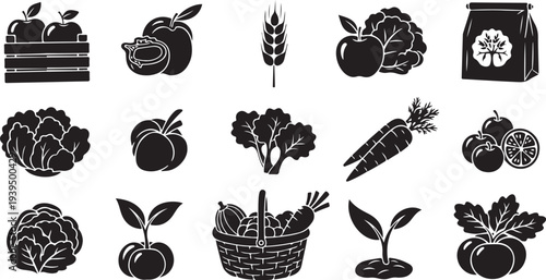 Black and white icons of various fresh organic foods