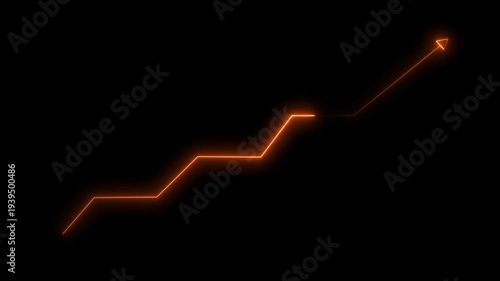 Business growth arrow neon bright line orange color animation. Abstract dashed arrow pointing upwards, showing growth and progress black backgrond 4k video. 