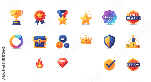 Gamification Icon Set for Game Interface Reward Achievement and Progress Tracking
