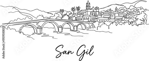 San Gil Colombia city skyline with bridge continuous line art vector illustration