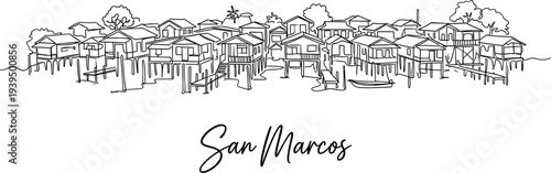San Marcos Guatemala waterfront village stilt houses continuous line art vector illustration