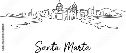 Santa Marta Colombia city skyline and cathedral continuous line drawing vector illustration