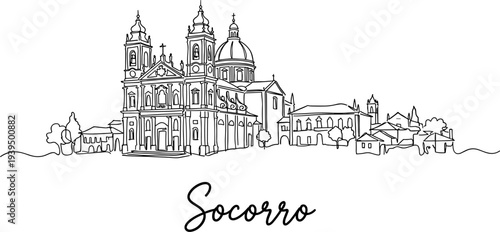 Socorro Brazil cathedral landmark skyline in minimalist continuous line art style drawing