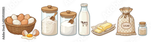 Professional Vector Illustration Set of Baking Ingredients Featuring Farm Fresh Eggs Flour Sugar Milk and Butter for Recipe Design and Healthy Cooking Concept Isolated on White