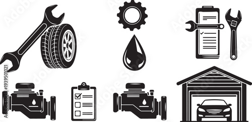 Black and white car repair service icons and tools