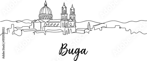Buga Colombia skyline with Basilica continuous one line drawing vector illustration