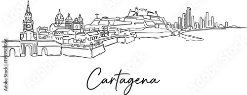 Cartagena Colombia city skyline landmarks minimal continuous line drawing vector illustration