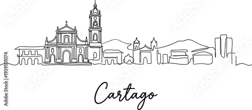 Cartago city skyline with cathedral and mountains minimalist one line art vector illustration
