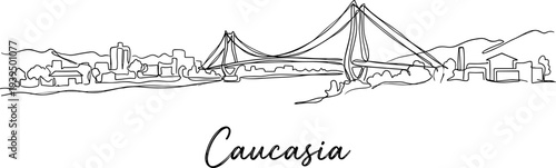Caucasia Colombia city skyline with bridge continuous line drawing vector illustration