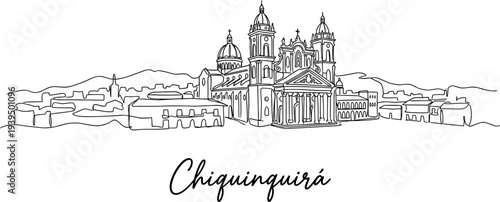 Chiquinquira Colombia skyline featuring Basilica of Our Lady of the Rosary continuous line art vector
