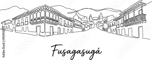 Fusagasuga Colombia colonial street scene with mountains continuous line art vector illustration