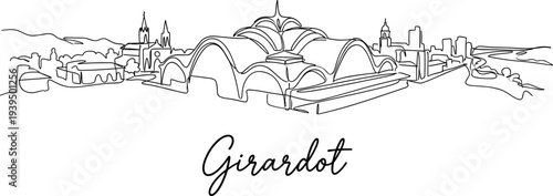 Girardot Colombia city skyline with market plaza and mountains minimalist continuous line drawing vector