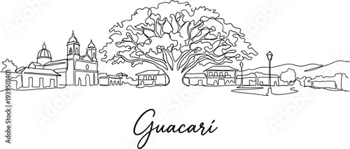 Minimalist Guacari Colombia city skyline with Saman tree and church one line drawing vector