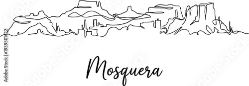 Minimalist Mosquera city skyline and mountain landscape continuous line art vector illustration