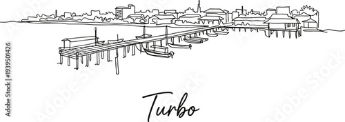 Minimalist line art of Turbo Colombia coastal city with pier and boats isolated on white