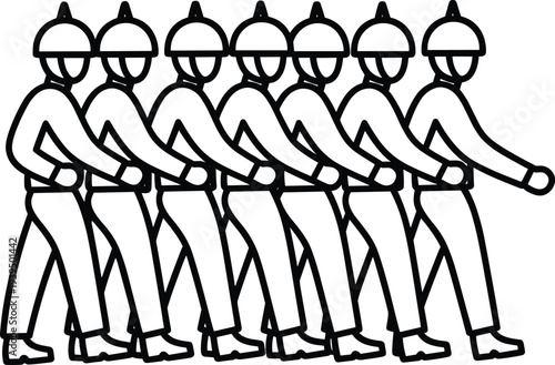 Group of seven people in uniform marching in a line with helmets and arms swinging uniforms