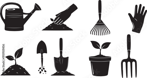 Gardening tools and icons for planting and growth activities
