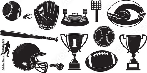 Sports equipment and awards in black and white icons