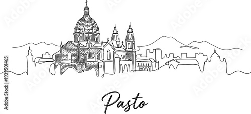 Minimalist Pasto Colombia city skyline with mountains continuous line drawing vector illustration