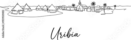Minimalist Uribia Colombia town skyline panorama with traditional huts and church line art vector illustration