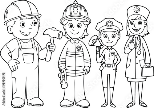 Four cartoon characters representing different professions holding tools and equipment in a black and white