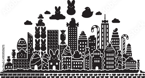 Candy city silhouette with bunnies and sweets.