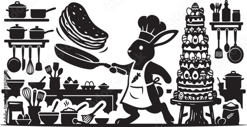 Chef bunny flipping pancake in a busy kitchen.