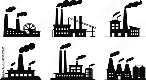 Seven black and white industrial factory buildings with smoke emitting from chimneys 1