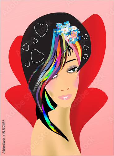 composition with a woman's face and hearts