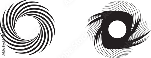Abstract geometric design featuring a circle swirl shape with spiral lines. Radial spinning form. silhouette icon set