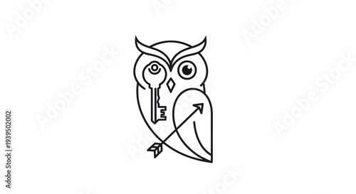 Wise owl holding a key logo with arrow, minimalist line art, wisdom and knowledge symbol