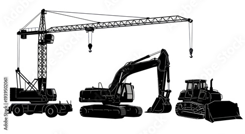 Construction Machine Silhouettes: Crane, Excavator, Bulldozer - Industrial Equipment